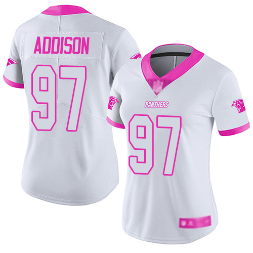 Carolina Panthers Limited White Pink Women Mario Addison Jersey NFL Football #97 Rush Fashion->women nfl jersey->Women Jersey